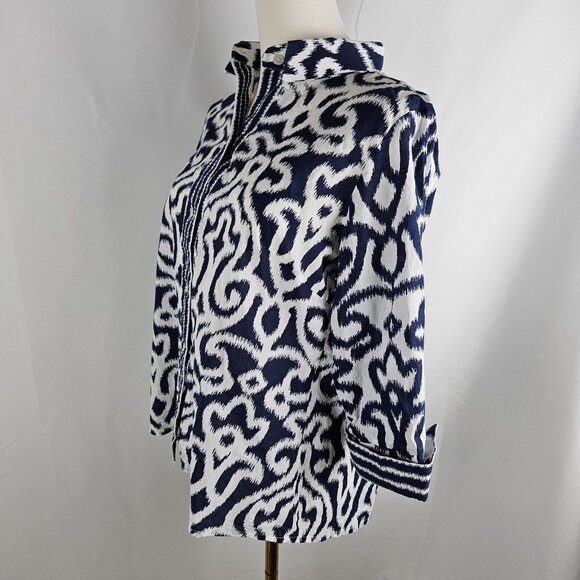 Gretchen Scott Shirt Small Navy & White Ikat Print Button-Down Classy - Picture 2 of 9